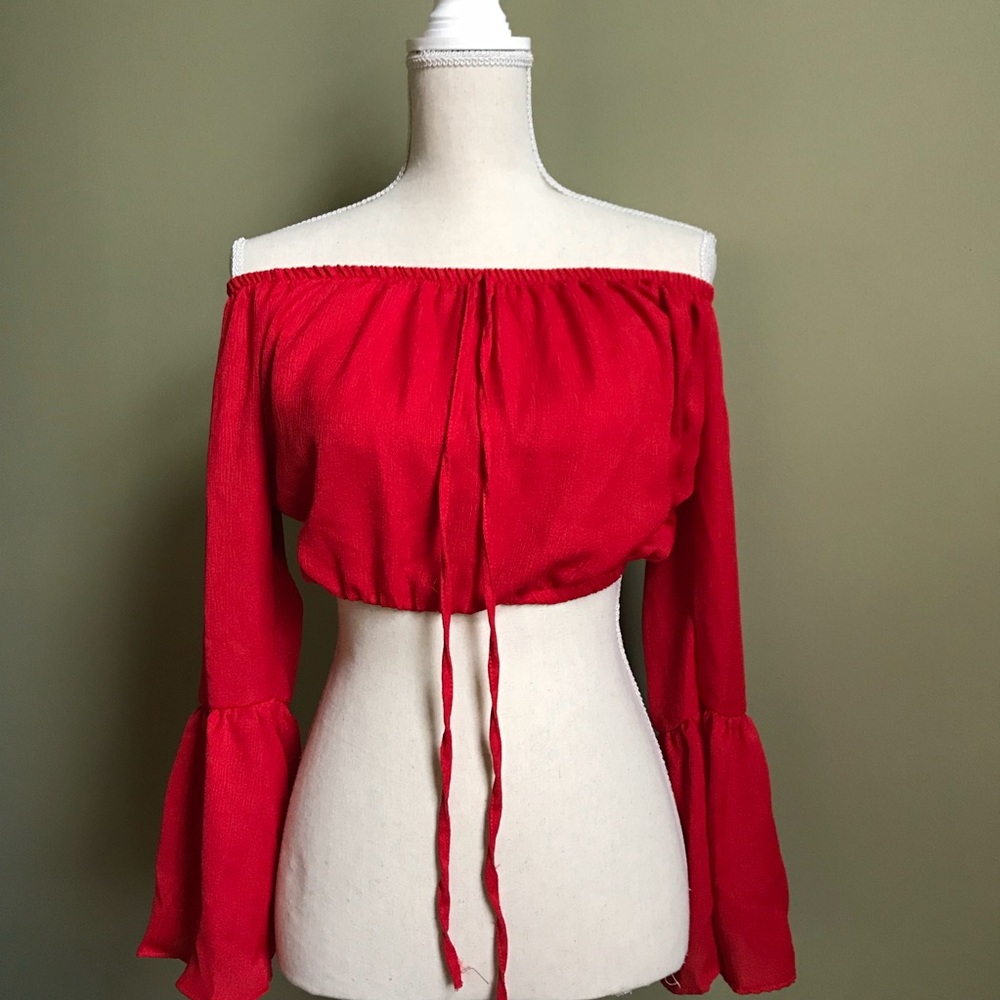 ❤️Bardot Fluted Sleeve Drawstring Crop Top❤️